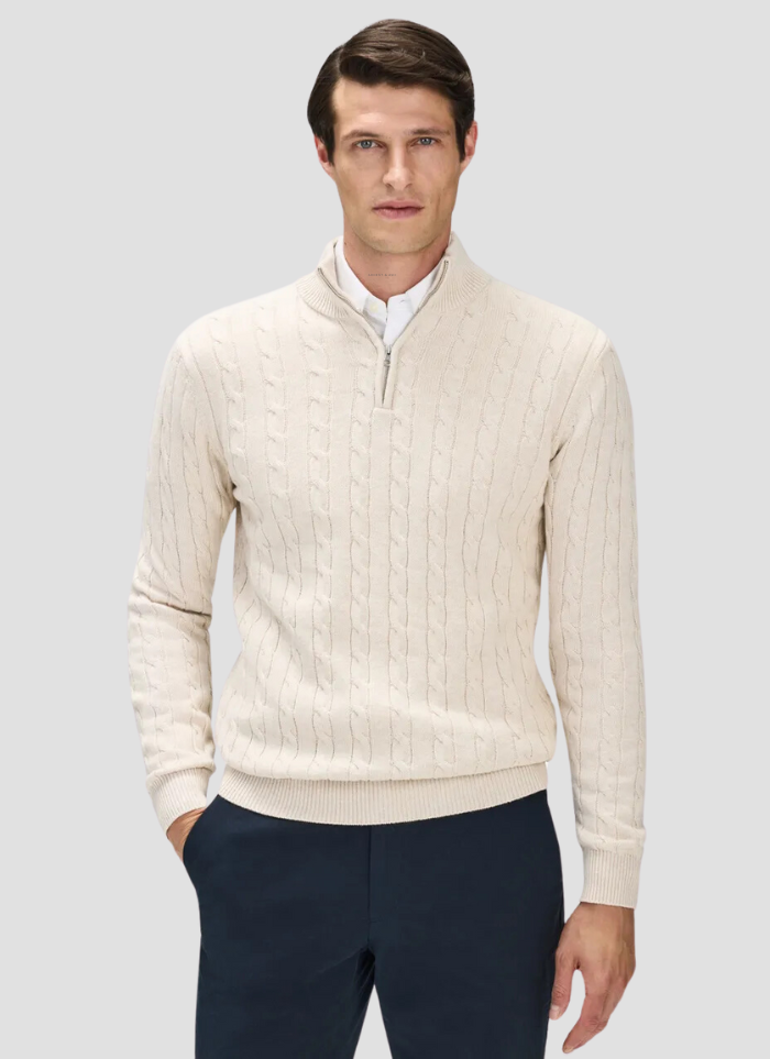 Beige Half-Zip Textured Knit Sweater - Beige