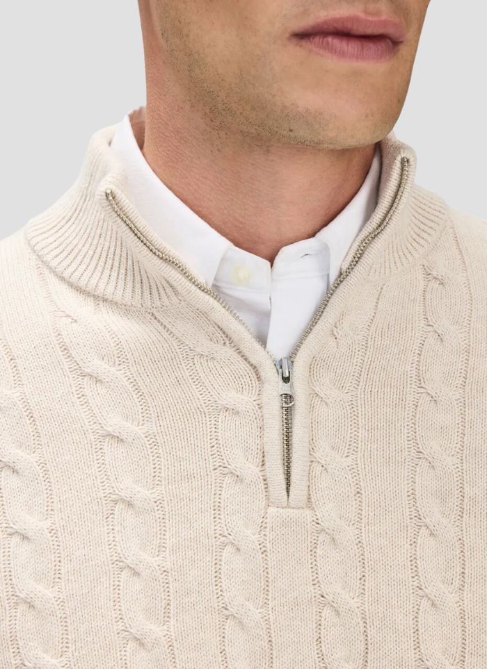 Beige Half-Zip Textured Knit Sweater - Beige