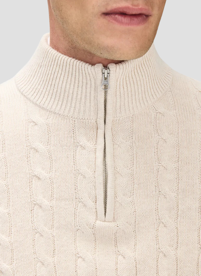 Beige Half-Zip Textured Knit Sweater - Beige