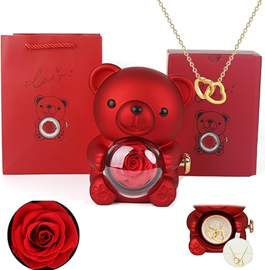 Eternal Rose Bear with Engraved Necklace