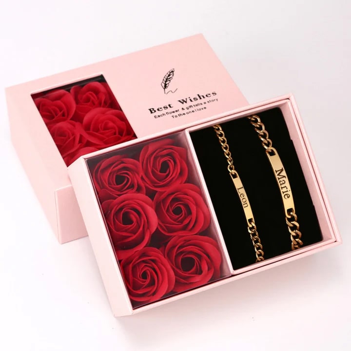 Eternal Rose Box Set with Engraved Bracelet for Couples