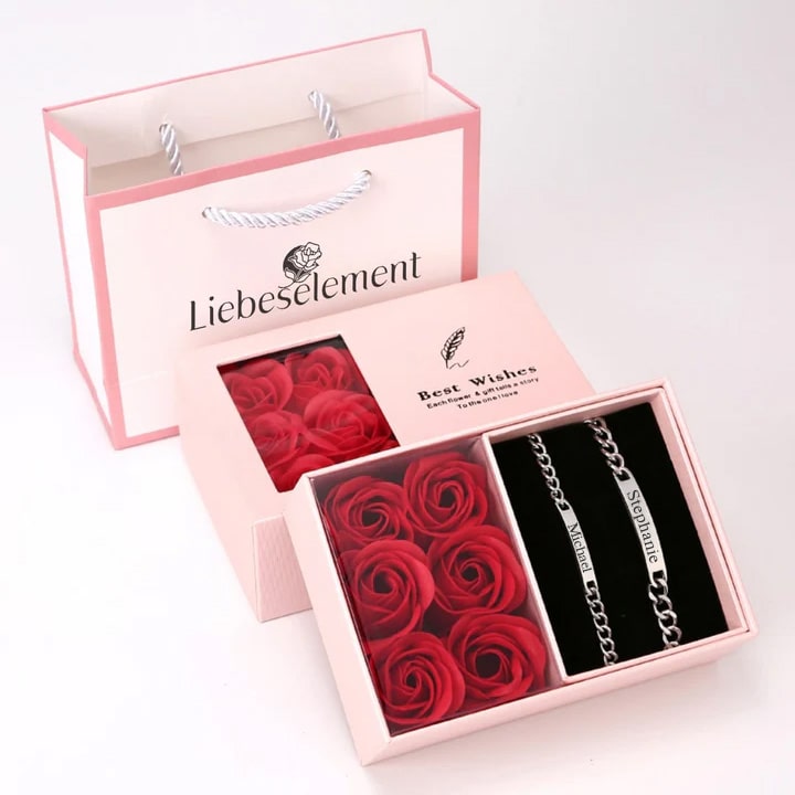 Eternal Rose Box Set with Engraved Bracelet for Couples